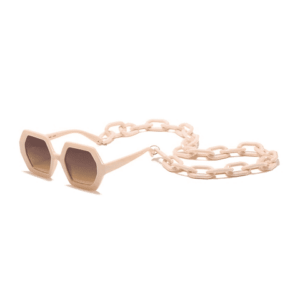 Christi Tasker Miami Cream Vintage Style Polygon Chain Sunglasses Cream-Vintage-Style-Polygon-Chain-Sunglasses.png Be fashion-forward with these beautiful polygon chain sunglasess. In a pinkish cream, these geometric sunglasses attach with a chain on a black and white striped ribbon. Cream Vintage Style Polygon Chain Sunglasses