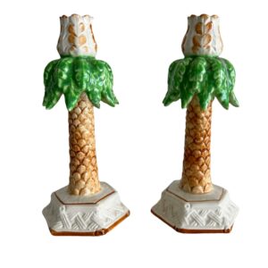 1960s Porcelain Ceramic Palm Tree Taper Candle Holders - a Pair 003ea68b-0da9-5ce4-9538-aa94e8f4209f.jpg Porcelain