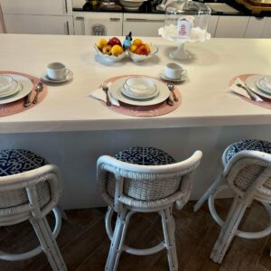 Dorothy Draper 1960s Dorothy Draper Style White Palm Beach Wicker & Bamboo Counter Swivel Stools - Set of 3 13cdafc0-3b8c-503e-9695-0ae038baf2eb-1.jpg These Dorthy Draper-Style Counter Height bar stools are not only solid and sturdy, these swivel barstools are extremely functional. Acquired from a Palm Beach Estate, they are made of durable bamboo, bentwood, and a beautiful wicker weave and finished in a versatile satin white wicker. dorothy draper,Stools