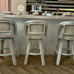 1960s Palm Beach Style White Swivel Bamboo & Wicker Counter Stools - Set of 3 478a9da8-6328-5ddd-adc7-797e747bc945-1.jpg This 1960s Set of Three Vintage Coastal Bar Stools was acquired from a Palm Beach estate and has a classic rattan frame in a classic design. The back and seat are a tightly woven style. Painted in satin white makes these barstools easily customizable to complement any design. Stools,COUNTER STOOLS,bar stools
