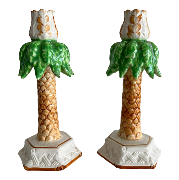 1960s Porcelain Ceramic Palm Tree Taper Candle Holders - a Pair 4be31699-b3c4-534e-b16c-798cbe02708f.png Porcelain