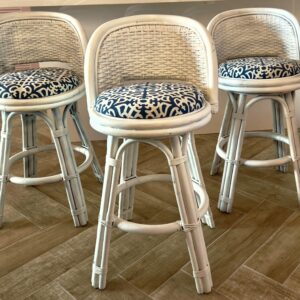 Dorothy Draper 1960s Dorothy Draper Style White Palm Beach Wicker & Bamboo Counter Swivel Stools - Set of 3 54be7570-8810-50c9-ba26-a9446a8eac77-1.jpg These Dorthy Draper-Style Counter Height bar stools are not only solid and sturdy, these swivel barstools are extremely functional. Acquired from a Palm Beach Estate, they are made of durable bamboo, bentwood, and a beautiful wicker weave and finished in a versatile satin white wicker. dorothy draper,Stools