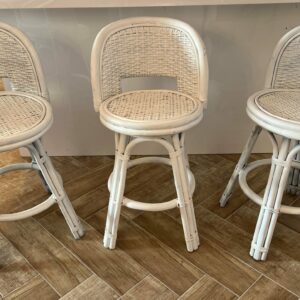 1960s Palm Beach Style White Swivel Bamboo & Wicker Counter Stools - Set of 3 66cb0298-1091-502e-ab24-3b7fec98b2c5-1.jpg This 1960s Set of Three Vintage Coastal Bar Stools was acquired from a Palm Beach estate and has a classic rattan frame in a classic design. The back and seat are a tightly woven style. Painted in satin white makes these barstools easily customizable to complement any design. Stools,COUNTER STOOLS,bar stools