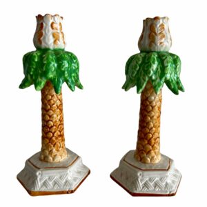 1960s Porcelain Ceramic Palm Tree Taper Candle Holders - a Pair 7c11658b-ca9f-597e-a76f-20218094b1f8.jpg Porcelain