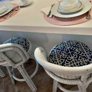 Dorothy Draper 1960s Dorothy Draper Style White Palm Beach Wicker & Bamboo Counter Swivel Stools - Set of 3 9b9b634d-7045-54de-90b9-ab248e8ddfea-1.jpg These Dorthy Draper-Style Counter Height bar stools are not only solid and sturdy, these swivel barstools are extremely functional. Acquired from a Palm Beach Estate, they are made of durable bamboo, bentwood, and a beautiful wicker weave and finished in a versatile satin white wicker. dorothy draper,Stools