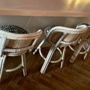 Dorothy Draper 1960s Dorothy Draper Style White Palm Beach Wicker & Bamboo Counter Swivel Stools - Set of 3 ab490a0b-6c24-524a-b0f6-e636ed31fda7-1.jpg These Dorthy Draper-Style Counter Height bar stools are not only solid and sturdy, these swivel barstools are extremely functional. Acquired from a Palm Beach Estate, they are made of durable bamboo, bentwood, and a beautiful wicker weave and finished in a versatile satin white wicker. dorothy draper,Stools