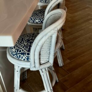 Dorothy Draper 1960s Dorothy Draper Style White Palm Beach Wicker & Bamboo Counter Swivel Stools - Set of 3 be75f46e-50d6-551d-ac11-04c281757e9b-1.jpg These Dorthy Draper-Style Counter Height bar stools are not only solid and sturdy, these swivel barstools are extremely functional. Acquired from a Palm Beach Estate, they are made of durable bamboo, bentwood, and a beautiful wicker weave and finished in a versatile satin white wicker. dorothy draper,Stools