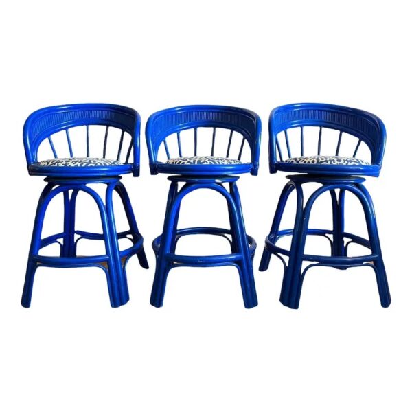 Mid-Century Modern Bent Bamboo Swivel Counter Stools - Set of 3 c214c559-8d38-562d-815b-b830f3d99ce3.jpg This is a striking set of three Mid-Century modern bent bamboo bar stools from a Miami Estate. They have swivel seat counter height bar stools, circa the 1980s. Stools