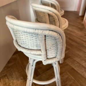 1960s Palm Beach Style White Swivel Bamboo & Wicker Counter Stools - Set of 3 e635ee68-e1d8-5059-9454-db2ea22a3492-1.jpg This 1960s Set of Three Vintage Coastal Bar Stools was acquired from a Palm Beach estate and has a classic rattan frame in a classic design. The back and seat are a tightly woven style. Painted in satin white makes these barstools easily customizable to complement any design. Stools,COUNTER STOOLS,bar stools