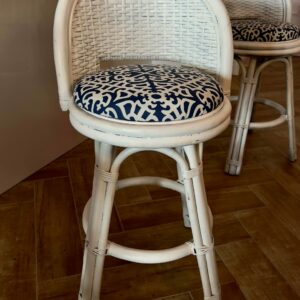 Dorothy Draper 1960s Dorothy Draper Style White Palm Beach Wicker & Bamboo Counter Swivel Stools - Set of 3 eb8b2a14-eba9-540b-9104-ca28217184a7-1.jpg These Dorthy Draper-Style Counter Height bar stools are not only solid and sturdy, these swivel barstools are extremely functional. Acquired from a Palm Beach Estate, they are made of durable bamboo, bentwood, and a beautiful wicker weave and finished in a versatile satin white wicker. dorothy draper,Stools