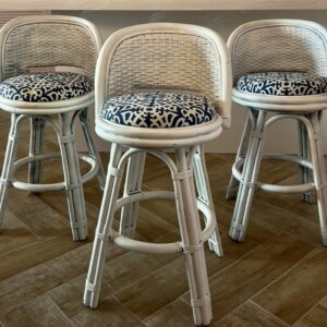 Dorothy Draper 1960s Dorothy Draper Style White Palm Beach Wicker & Bamboo Counter Swivel Stools - Set of 3 ec5c773b-be79-598d-adc9-c5285079b35b-1.jpg These Dorthy Draper-Style Counter Height bar stools are not only solid and sturdy, these swivel barstools are extremely functional. Acquired from a Palm Beach Estate, they are made of durable bamboo, bentwood, and a beautiful wicker weave and finished in a versatile satin white wicker. dorothy draper,Stools