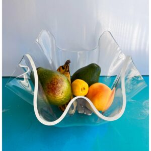 Vintage Mid-Century Modern Acrylic Lucite Bowl 39b64256-52c0-5351-a858-b0ecaba5ba92.jpg This beautiful lucite bowl is made of hand-formed clear acrylic that is 1/8" thick. It is made in what is known as a handkerchief design. Bowl