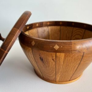 Mid-Century Modern Handcrafted Multi-Tone Round Inlaid Wooden Box With Lid 8f9f3a5f-4130-5b65-8d50-649f3fa976ac.jpg This is an exquisite Mid-Century Modern Handcrafted Multi-Tone Round Inlaid Wooden Box With Lid. This box is a wonderful example of fine craftsmanship reminisent of a lost art. Handcrafted
