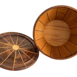Mid-Century Modern Handcrafted Multi-Tone Round Inlaid Wooden Box With Lid ad49a1f8-00d4-57e4-a9ff-85c1aaddbbfa.jpg This is an exquisite Mid-Century Modern Handcrafted Multi-Tone Round Inlaid Wooden Box With Lid. This box is a wonderful example of fine craftsmanship reminisent of a lost art. Handcrafted