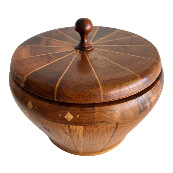 Mid-Century Modern Handcrafted Multi-Tone Round Inlaid Wooden Box With Lid